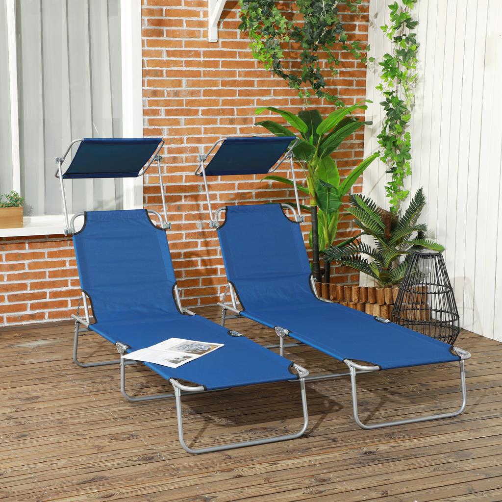 Folding Sun Lounger Set Of 2 With Canopy Reclining Sunbed With 4 Position Adjustable Backrest 600D Oxford Cloth Portable Garden Lounger Recliner