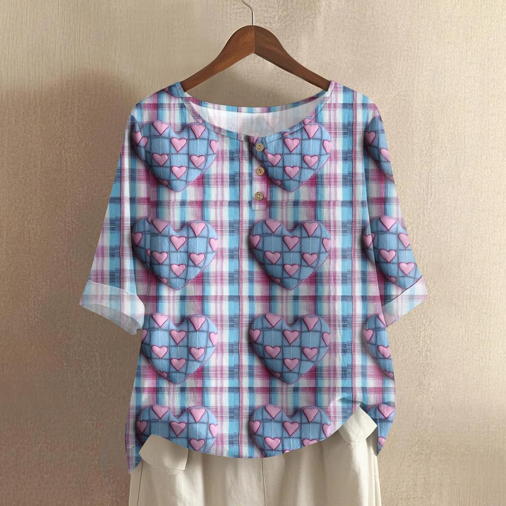 Damska koszulka z nadrukiem na Walentynki, casualowa, z krótkim rękawem, okrągłym dekoltem, z bawełny i lnu