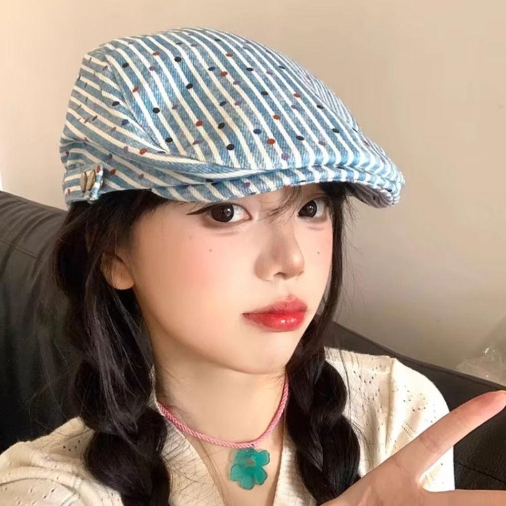 Y2k Stripped Berets Vintage Painter Cap Japanese Polka Dot Beret  Streetwear