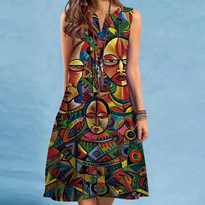 Spring and Summer Printed V-neck Loose Casual Sleeveless Dress Female Beach Vacation Casual Dresses