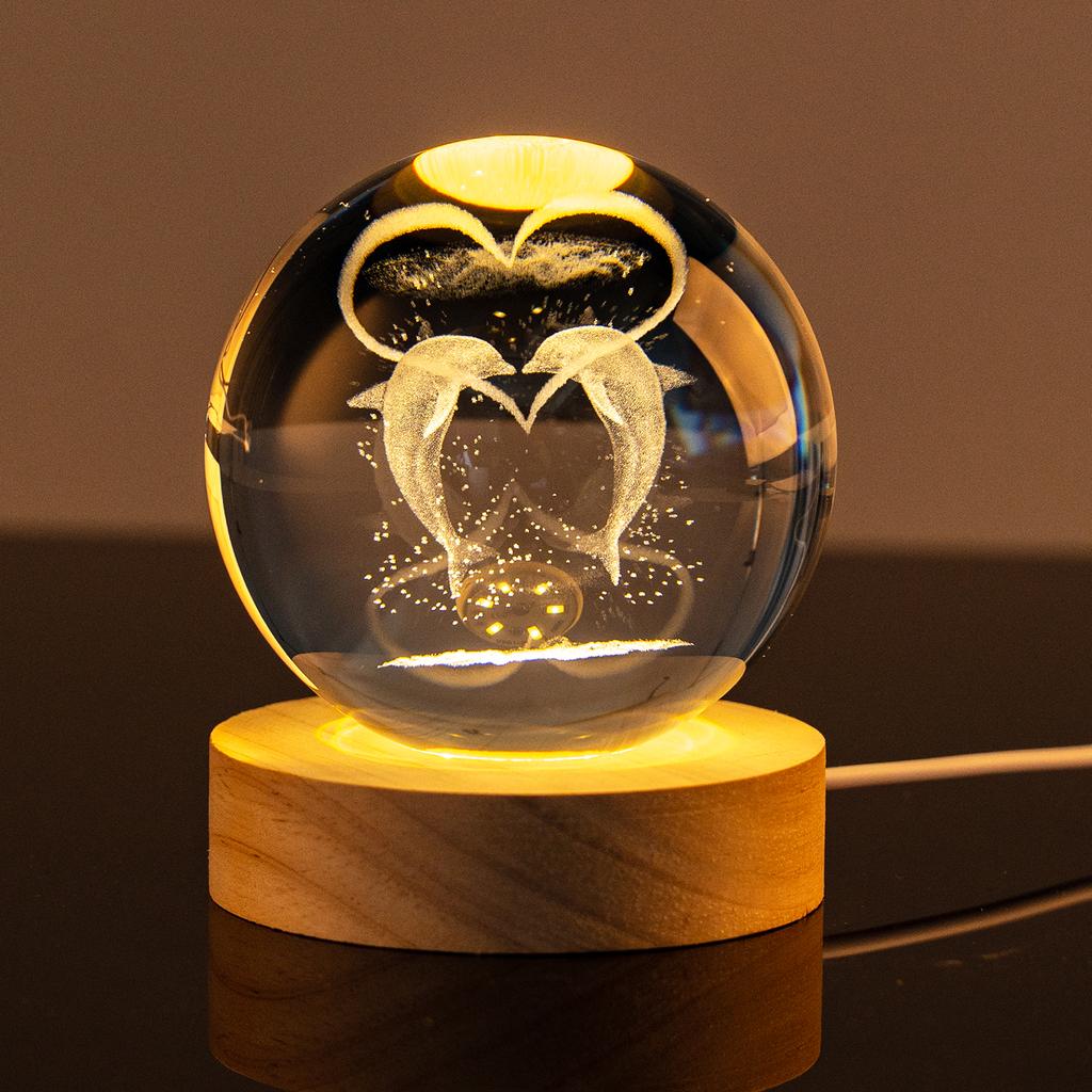 Popular Marine Ocean Animal 3D Laser Engraved Crystal Glass Ball Home Decoration LED Polished Carved 60 80mm Dolphin Whale Shark