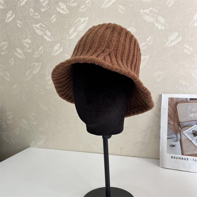 Solid color wool knitted jacquard flat top bucket hat women autumn and winter warm art college wind shade basin hat