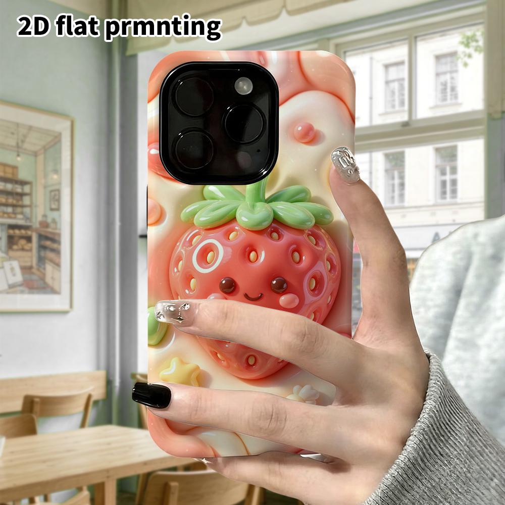 Phone case: 2D flat design suitable for iPhone 18 17 16 15 14 13 Pro protective case, cartoon strawberries, perfect Christmas and Halloween holiday gi