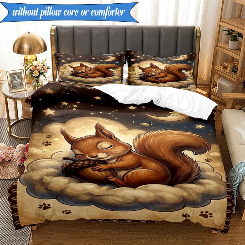 3-teiliges Bettwäsche-Set ' Eichhörnchenträume im Mondlicht', Enthält 1 Bettbezug und 2 Kissenbezüge, Perfekt für Schlafzimmer, Wohnheim, Weihnachtsgeschenk für Fans