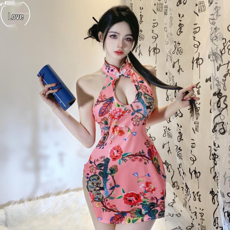 Mulan Retro Print Cheongsam Pajama Set - Sexy, Slim, High Slit, Bodycon Lingerie In Ancient Style
