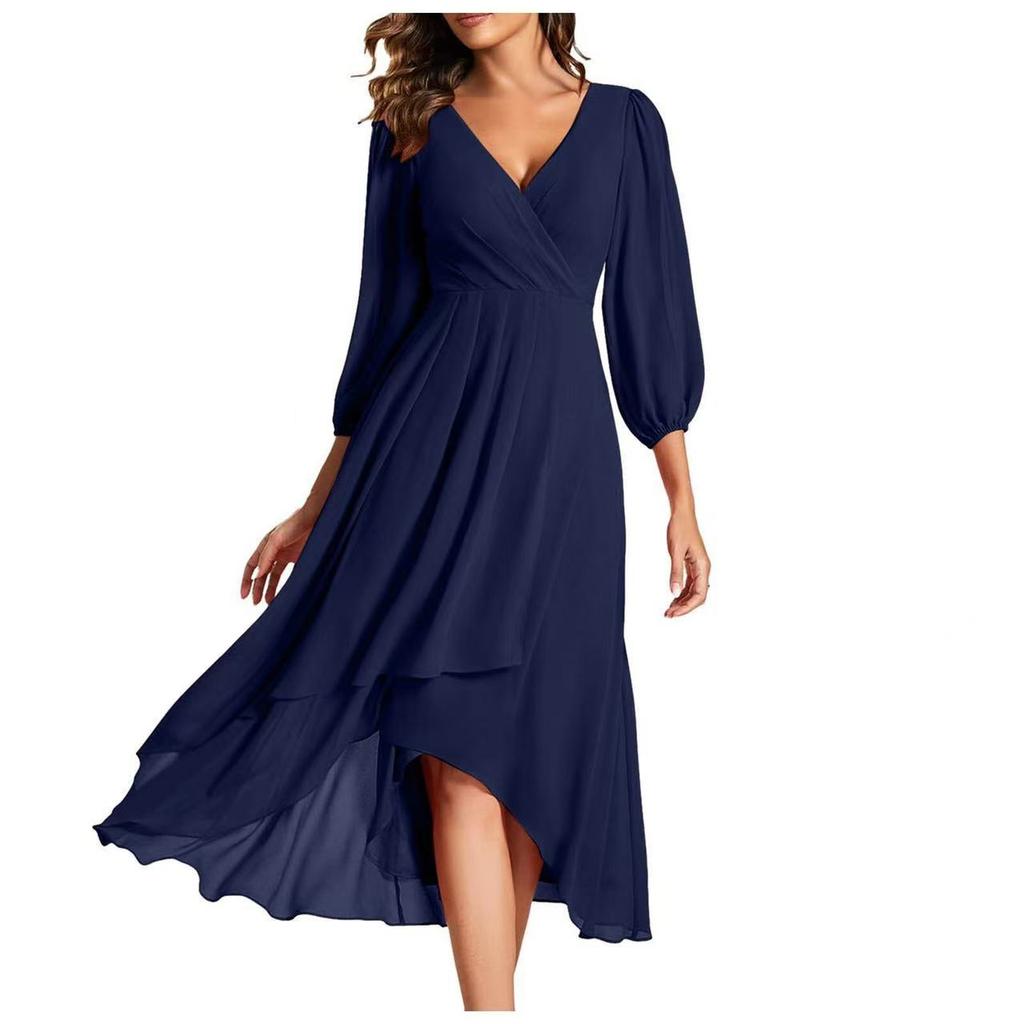 Women V Neck Long Sleeve Wrap Maxi Dress Elegant Chiffon High Low Asymmetric Hem Party Gown