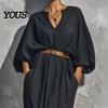 Elegant Casual Dress Women's Batwing Long Sleeve Maxi Dress, V Neck Flowy Versatile Women Summer Travel Vacation Loose Outfit with Belt Beach
