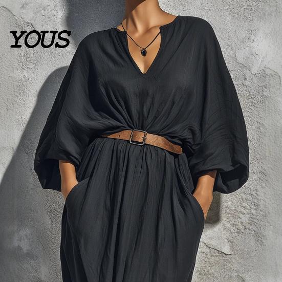 Elegant Casual Dress Women's Batwing Long Sleeve Maxi Dress, V Neck Flowy Versatile Women Summer Travel Vacation Loose Outfit with Belt Beach