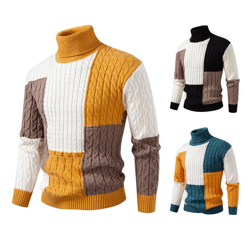 New Autumn Winter Color-blocking Turtleneck Sweater for Men Casual Fashion Sweater for Men