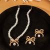 Light luxury alloy bow collarbone chain jewelry, imitation pearl beaded necklace set