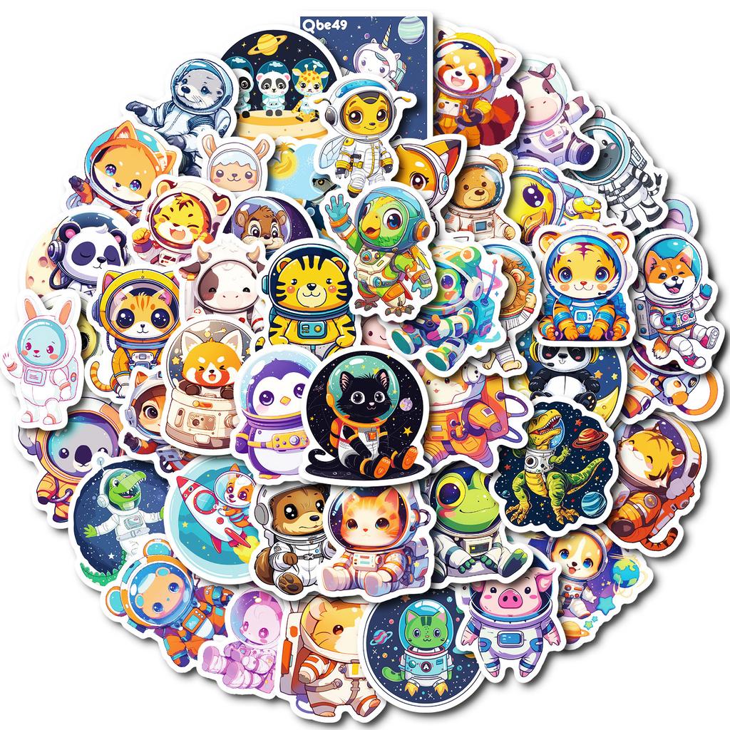 50 Boutique Astronaut Stickers Cute Cartoon Animals Rocket Stickers Diy Water Cup Refrigerator