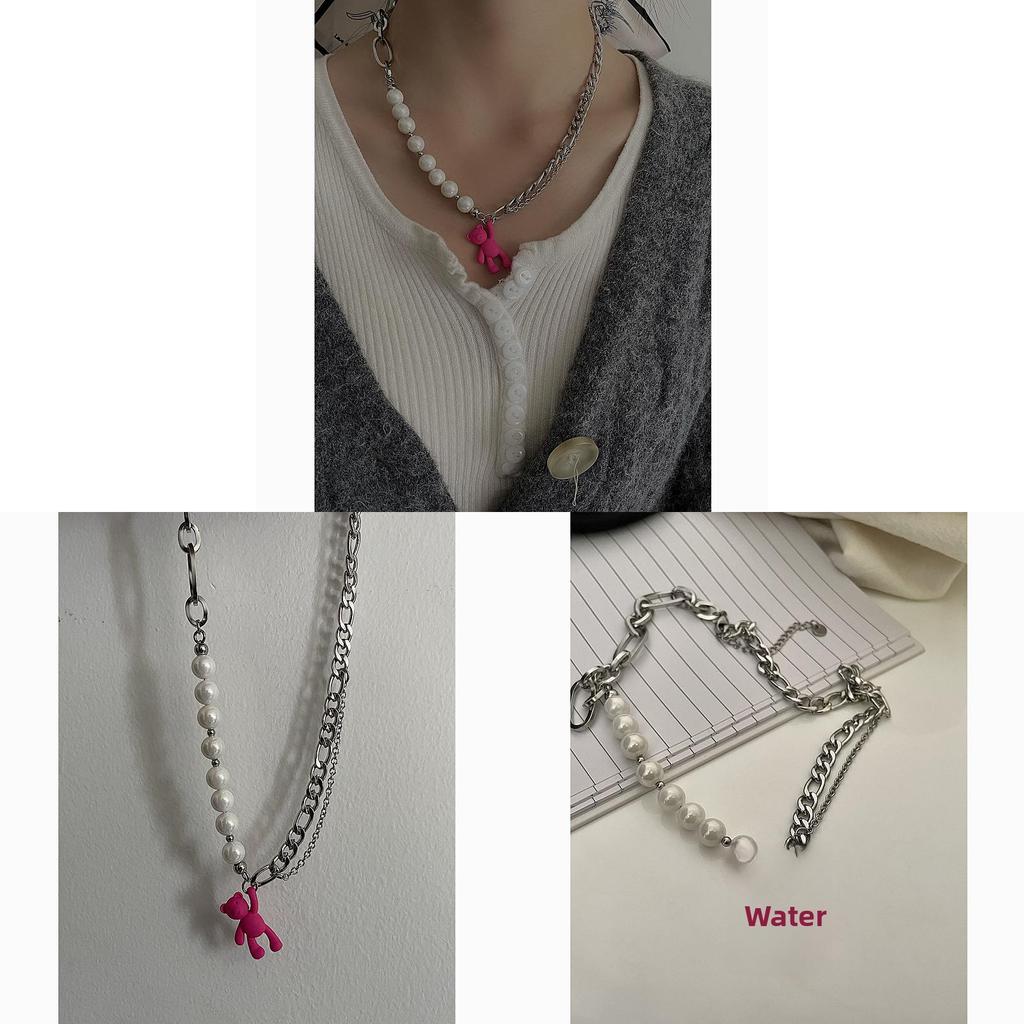 Pink Bear Pendant Necklace For Women Girls Cute Animal Jewelry With Pearl Chain