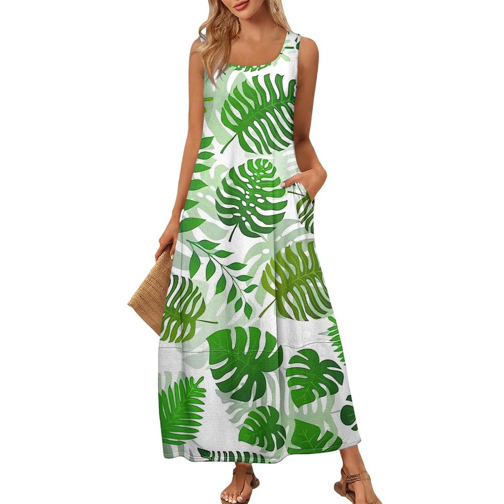 Damen Sommer Mode Rundhals Ärmellos Strandkleid Kleider mit Blumendruck