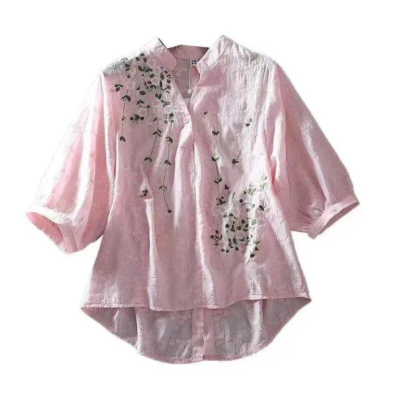 Literary Shirts for Women Embroidery Flowers Woman Blouses V-neck Half Sleeve Lace Blouses Summer Thin Top Shirt