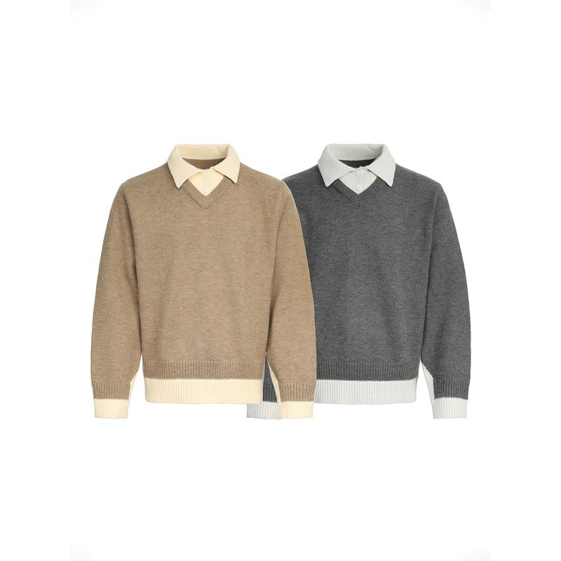 Blaexit Old Money Style Polo Collar Fake Two-Piece Knitwear for Men and Women, Early Autumn Warm and Skin-Friendly V-Neck Short Sweater