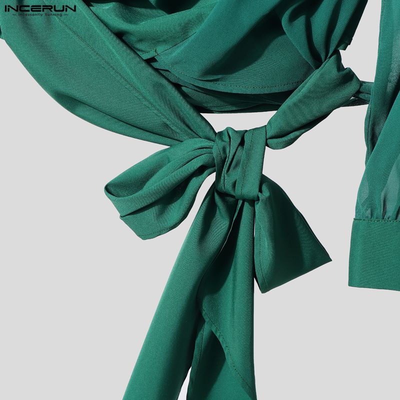 INCERUN Oversized Men V Neck Long Sleeve Bandage Transparent Loose Hooded Tops T-shirts