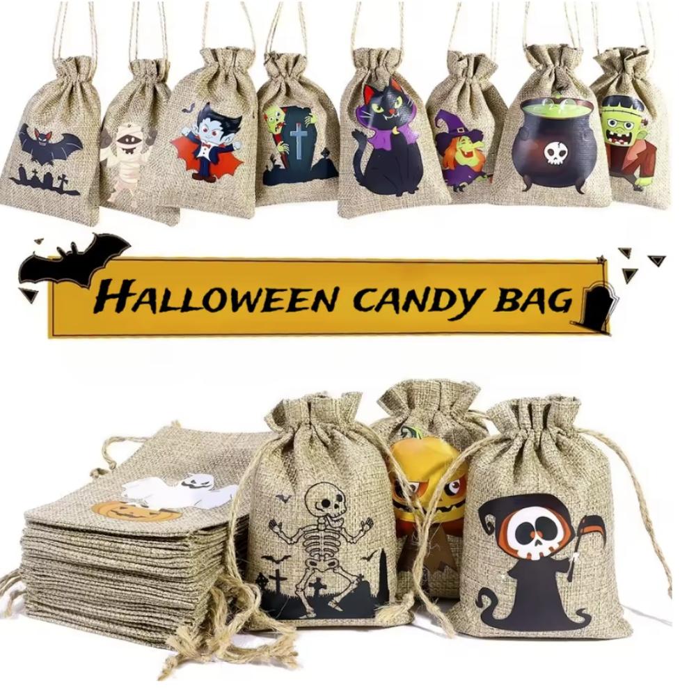 5pcs Halloween Linen Bun Storage Bag Halloween Pattern Candy Gift Packaging Bag Linen Drawstring Bag