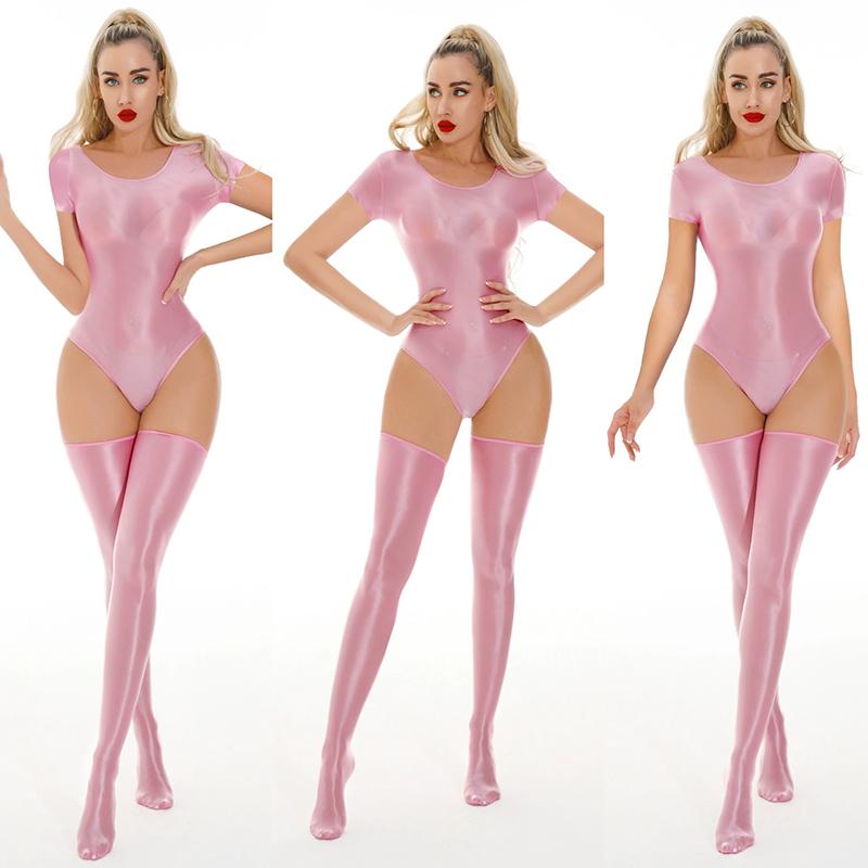 1 Stück Nylon High Cut Bodysuit Bikini Damen Einteiler Tanga Glänzender Badeanzug Leotard