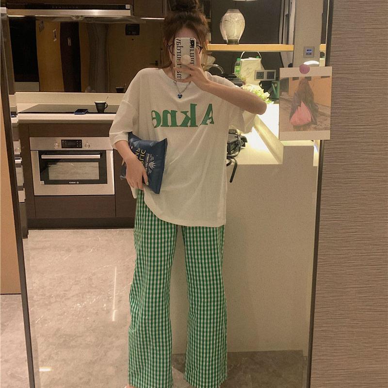 Women's Green Plaid Pajama Pants: Korean Style, Loose, Trendy, Printed, and Perfect for Casual Home Wear or Air Conditioning.