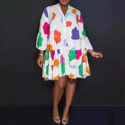 Summer Loose Printed Long Sleeve V-neck Casual Shirt Dress Women Elegant Floral Plus Size Dresses Women Vintage Single Breasted Ladies Dress New 26548