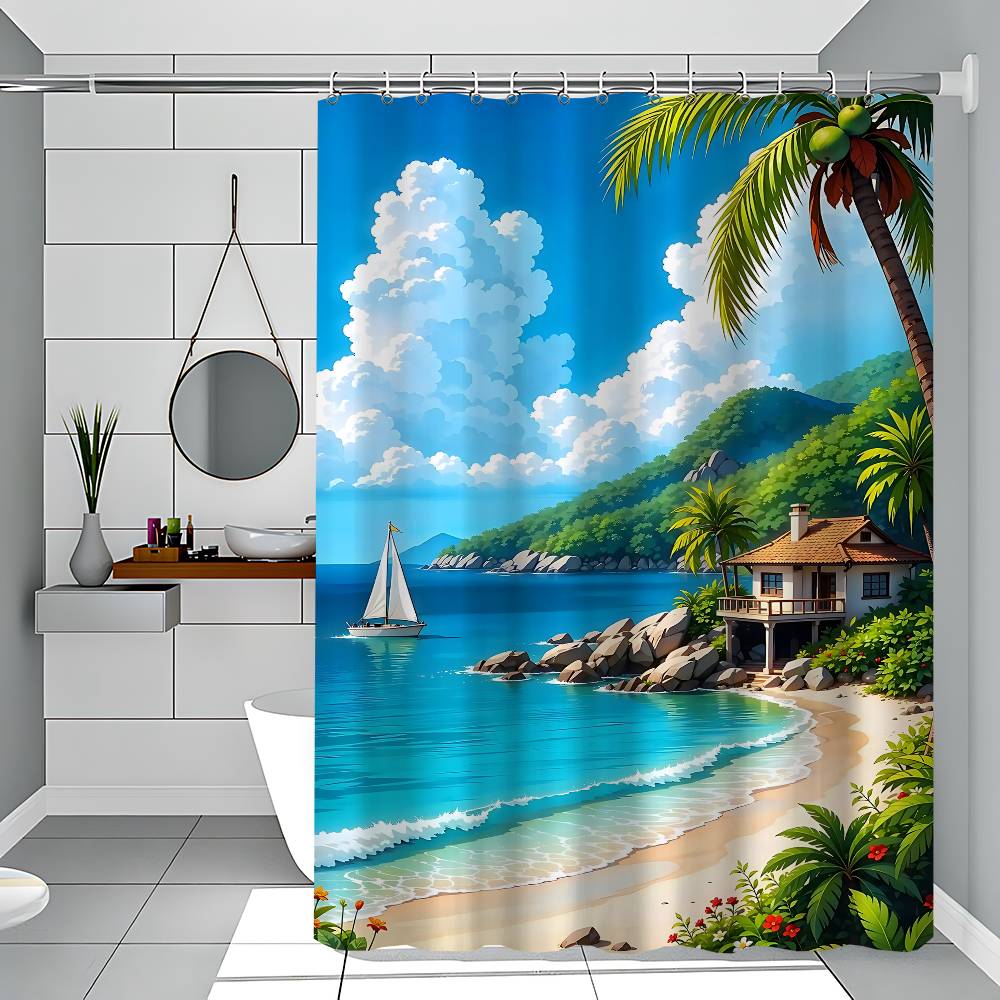 Beach Scenery Shower Curtain Bath Curtain Print Polyester Fabric Waterproof Bathroom Curtains With Hooks Bath Screen