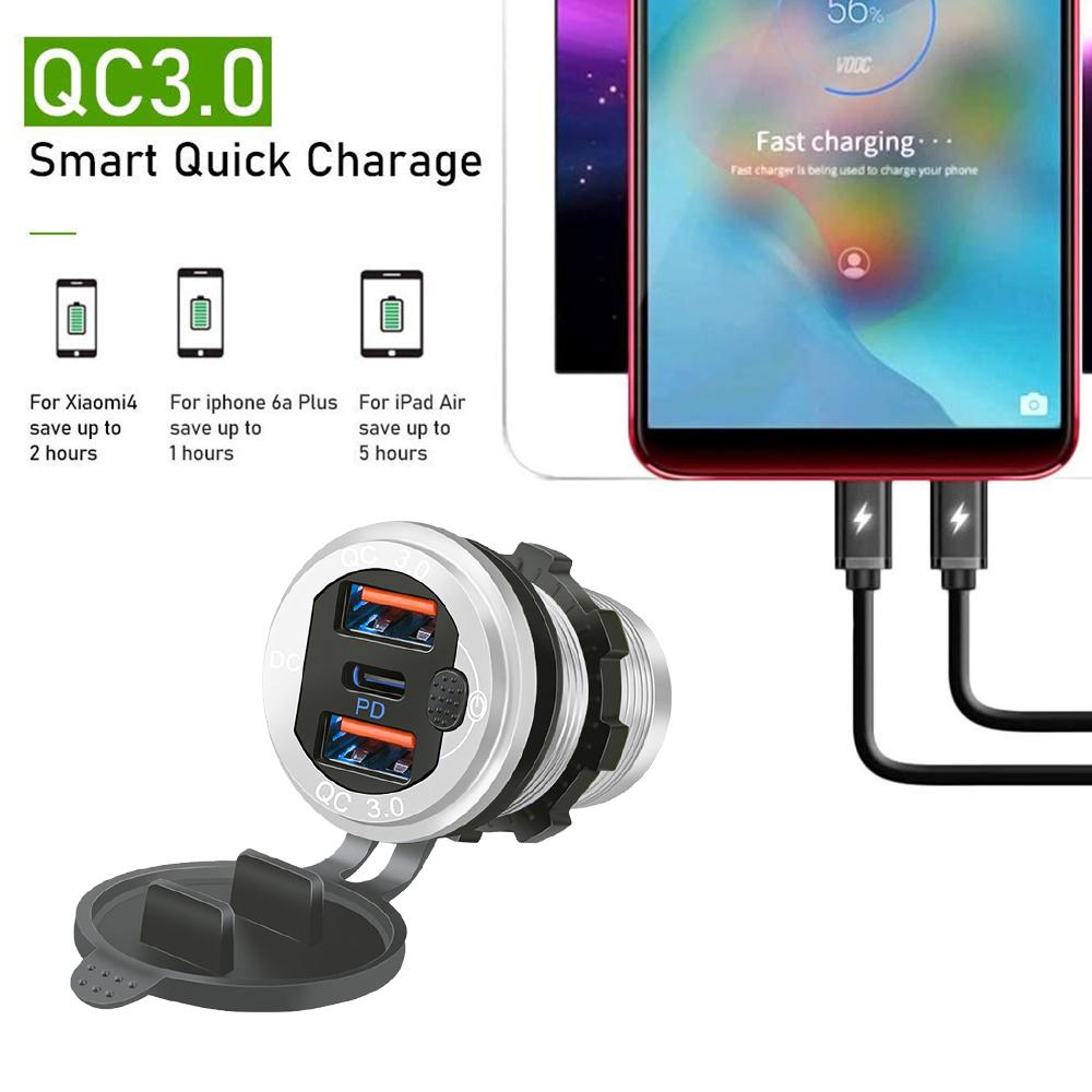 12V/24V USB Type-C Multiple Car Charger Socket PD3.0 & QC3.0 Ports Waterproof with Touch Switch Fast Charging Car Moto Adapter