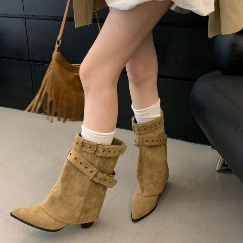 Women Ankle Boots 2026 Autumn Belt Buckle Fashion Pointed Toe Thick Heels Ladies Western Cowboy Boot Retro Leather Botas Mujer