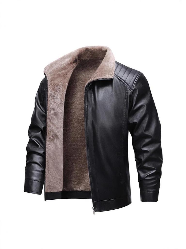 Herren Lederjacke mit dickem Fleece-Futter, Herbst/Winter 2025, Leichter Business Casual Mantel mit Karreekragen, Modisch & Vielseitig.