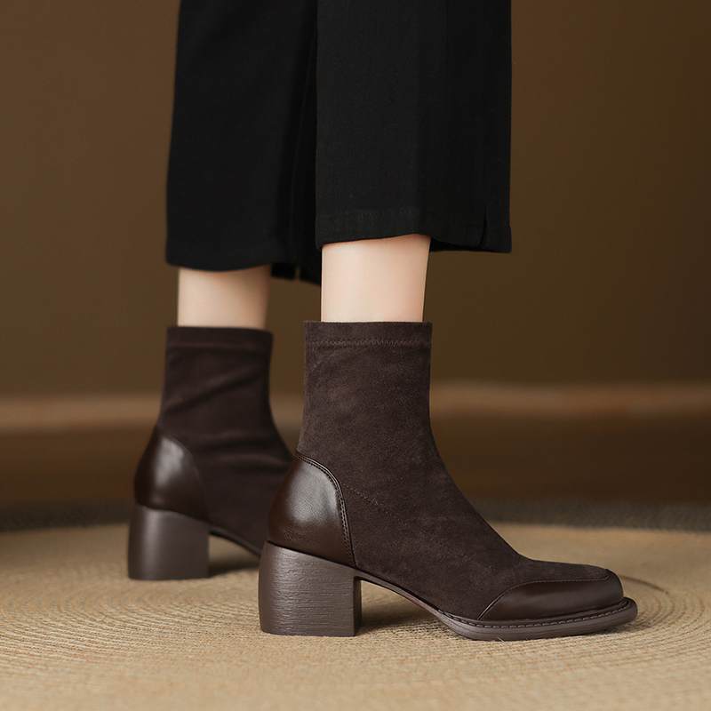 Krazing Po Microfiber Winter Round Toe Size 33 Chelsea Boots Size 43 Zipper Thick High Heels Patch Work Ankle Boots