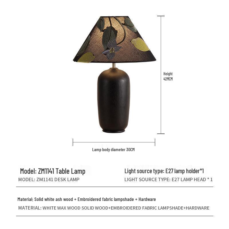 French Retro Mid-Century Wood Bedroom Lamp, Wabi-Sabi Style with Fabric Shade