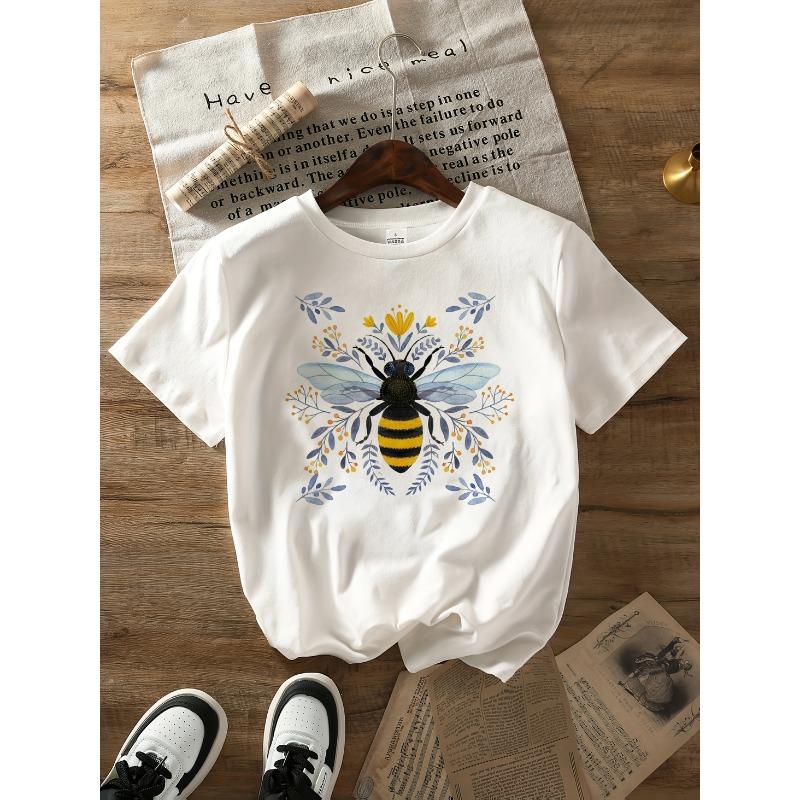 Women's Casual Short Sleeve T-Shirt with Abstract Bee & Floral Print - Breathable Semi-Sheer Round Neck Top, Relaxed Fit H-Silhouett