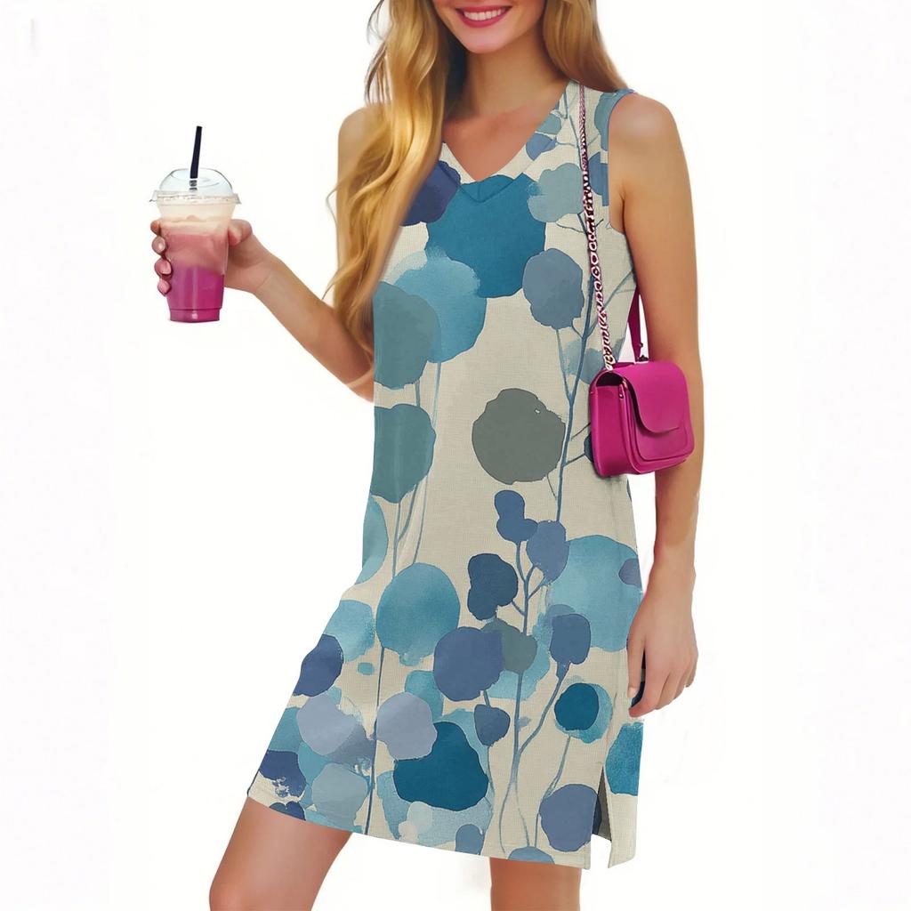 Damen Casual Fashion Sexy V-Ausschnitt Ärmelloses Kleid mit Blumendruck und Schlitz am Saum