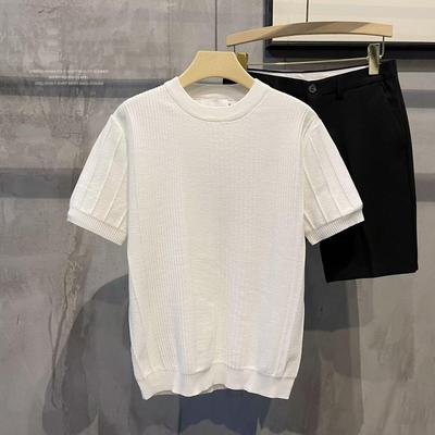 Suéter Blanco Jacquard de Manga Corta para Hombre - Versátil, Elegante y Ligero para Primavera y Otoño