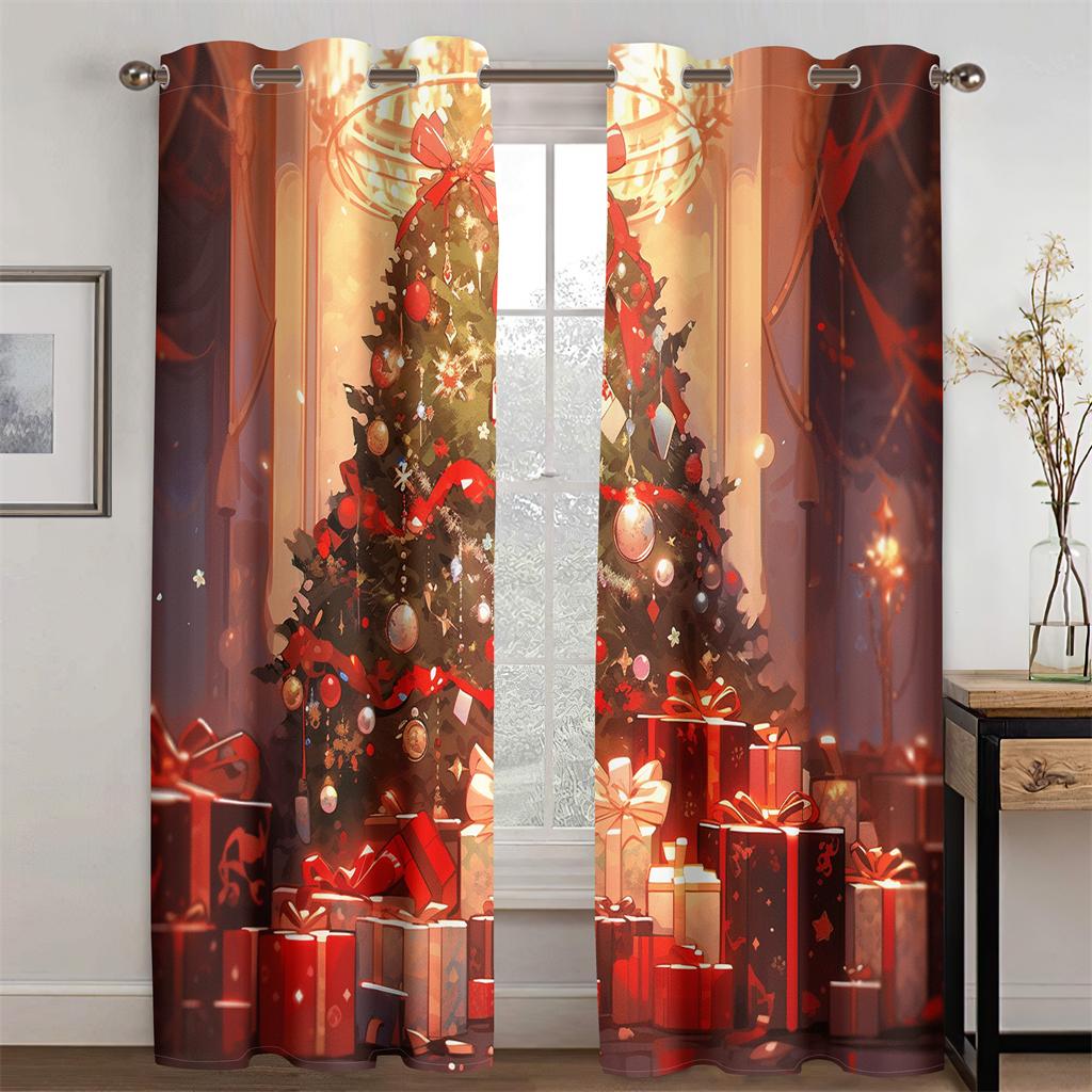 Cartoon Forest Christmas Cottage Curtains Fine Christmas Tree Fit Children's Room Living Room Bedroom Kitchen 2 Pcs