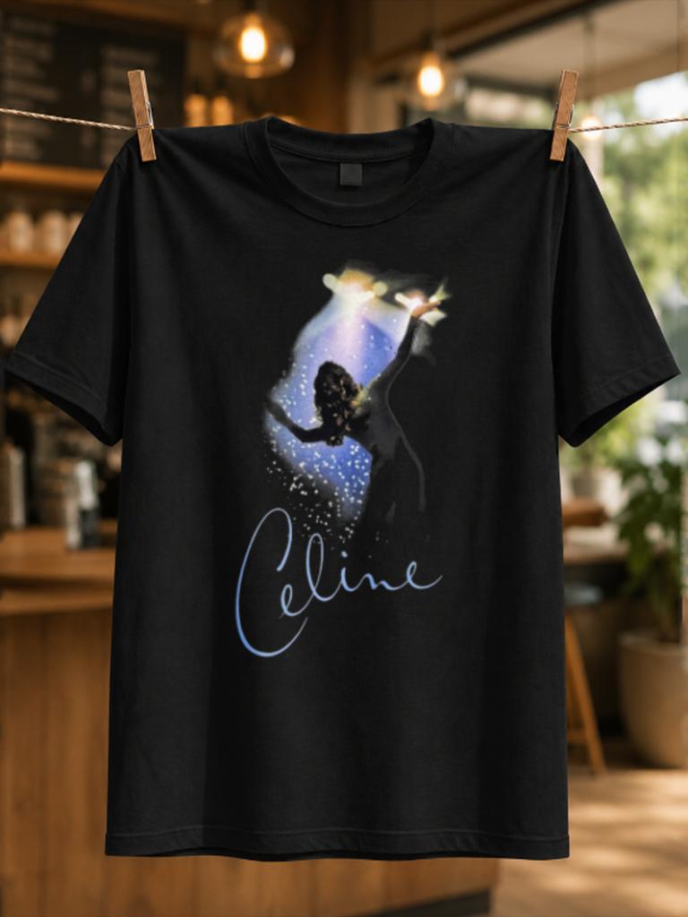 Celine Dion Microphone Portrait With Bold Name Lettering Autograph Detail And Concert Diva Mood Unisex All Tshirt