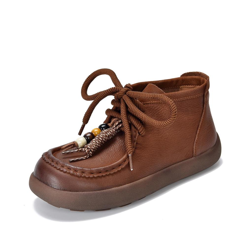 Johnature Genuine Leather Round Toe Lace-up Flat Ankle Boots Casual Versatile Women's Shoes