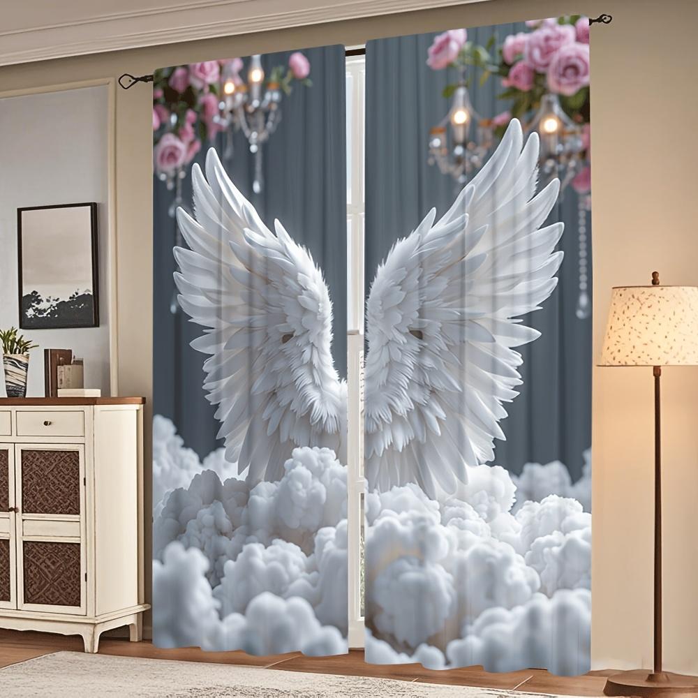 2pcs Angel Wings Print Curtains in White & Pink – Polyester Sheer with Rod Pocket for Bedroom & Study Decor