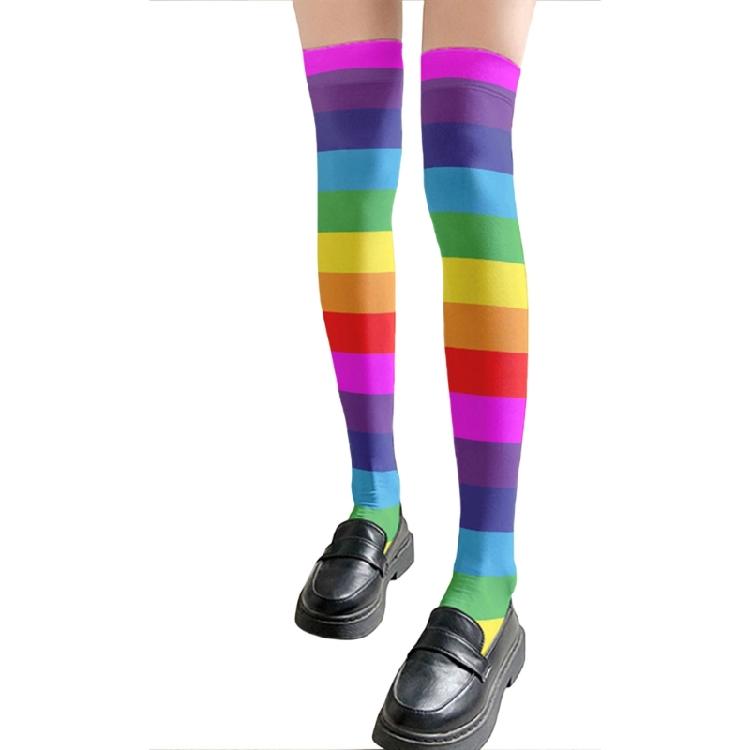 Damen Japanische Stile Anime Oberschenkelhohe Strümpfe Regenbogen Mehrfarbig Gestreiftes Muster Seide Über dem Knie Lange Socken Strumpfwaren