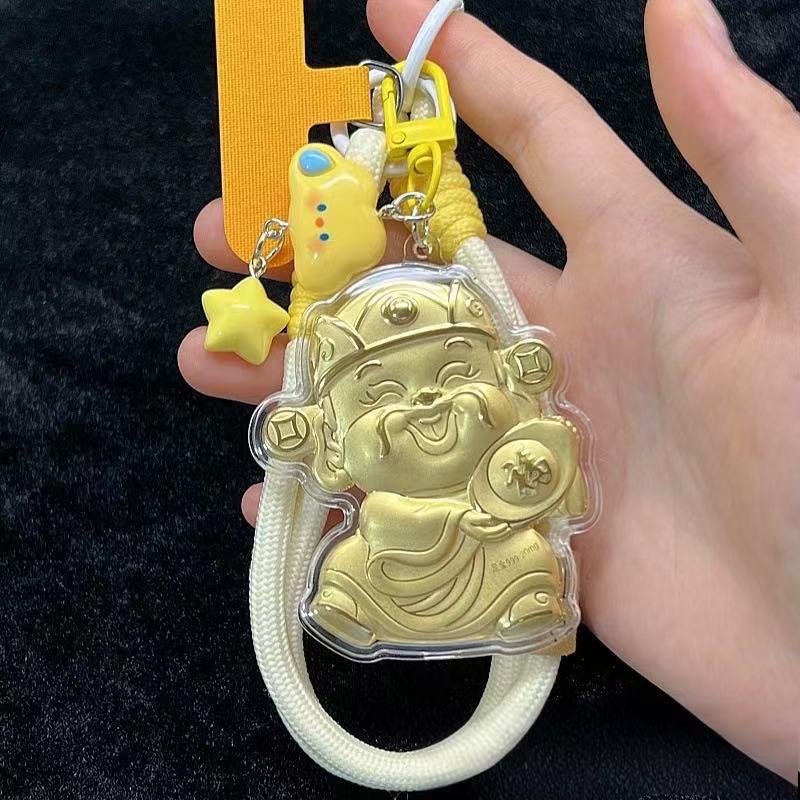 Shuibei 999 Fine Gold Lucky Cat Wealth Ingot Mobile Phone Lanyard & Bag Pendant