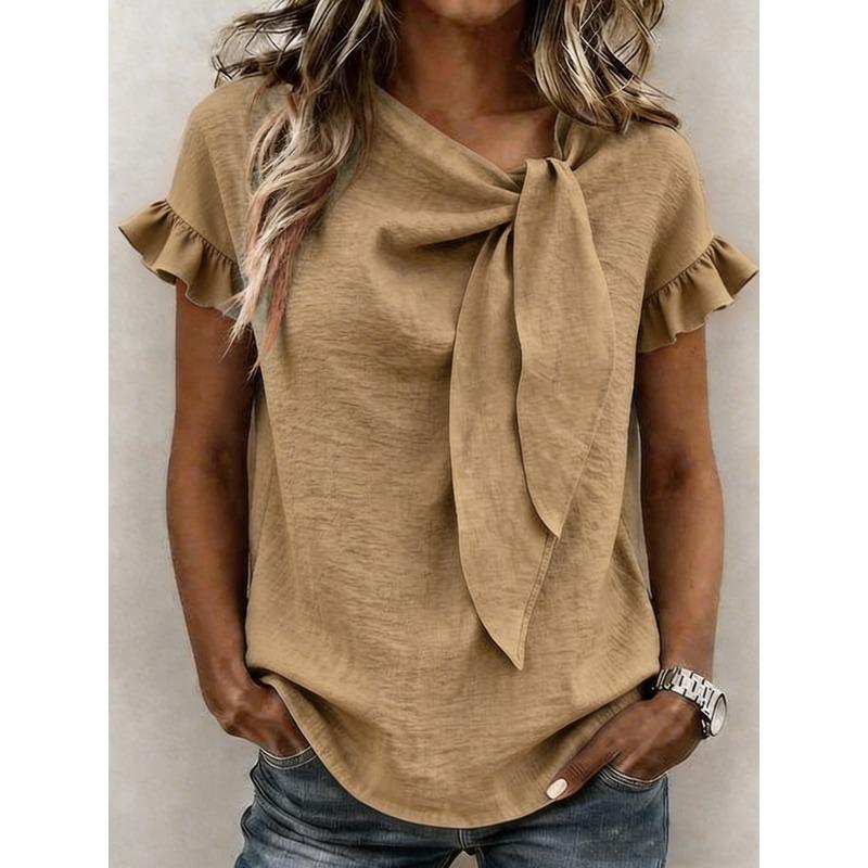 Damen Einfarbige Asymmetrischer Hals Fliege Rüsche Kurzarm Bluse