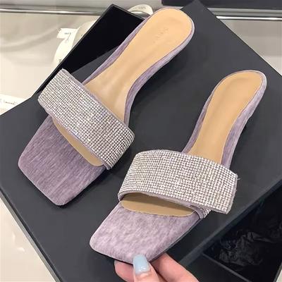 Fashion Luxury Rhinestone Thin Heel Slippers for Women Summer Comfort Square Toe Open Toe Non-slip Sandals Concise Designer Casual Shoes
