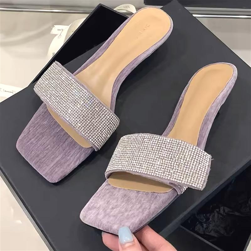 Fashion Luxury Rhinestone Thin Heel Slippers for Women Summer Comfort Square Toe Open Toe Non-slip Sandals Concise Designer Casual Shoes