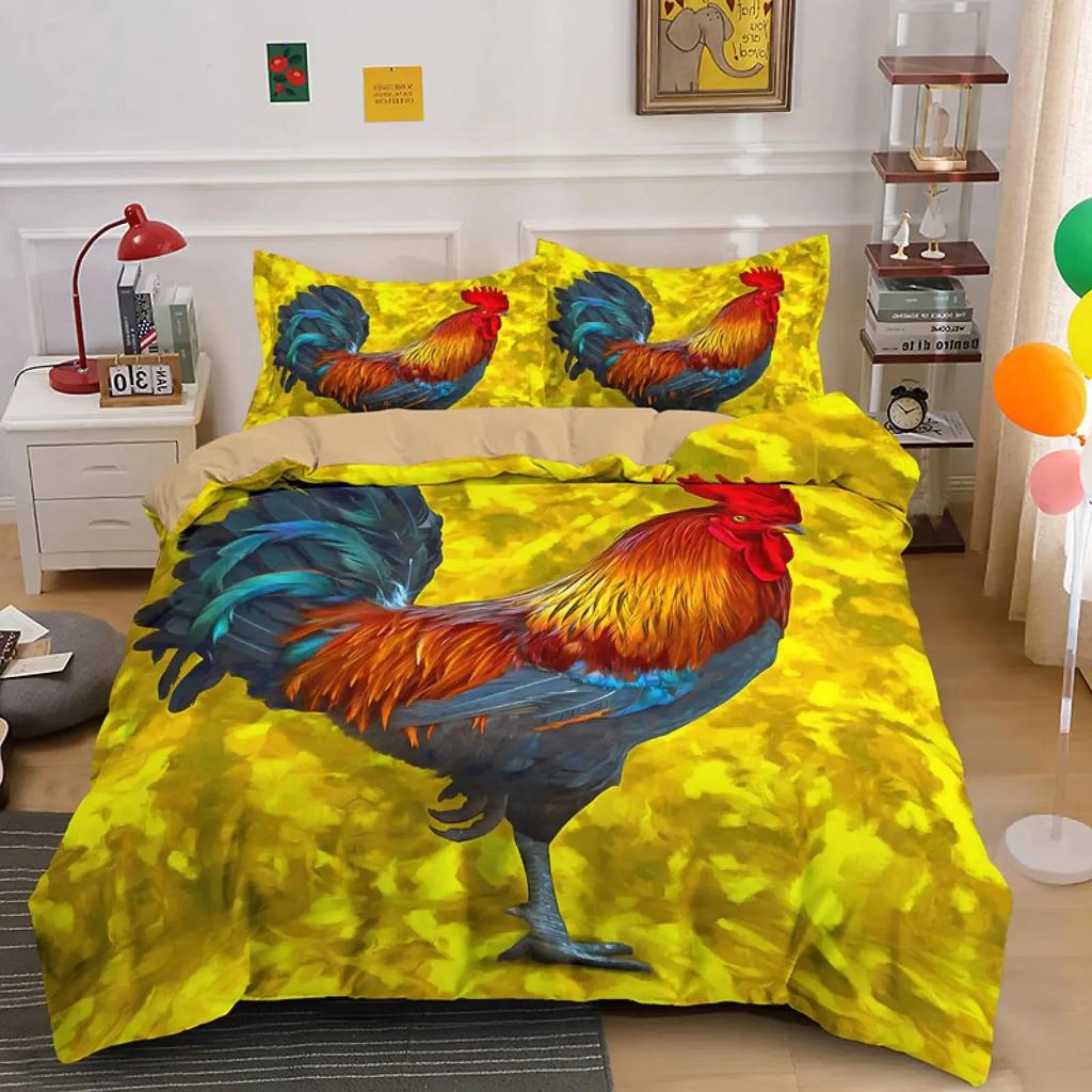 Chicken Duvet Cover King Queen Size Watercolor Rooster Bedding Set for Boys Teens Adults Farm Animal Polyester Comforter Cover
