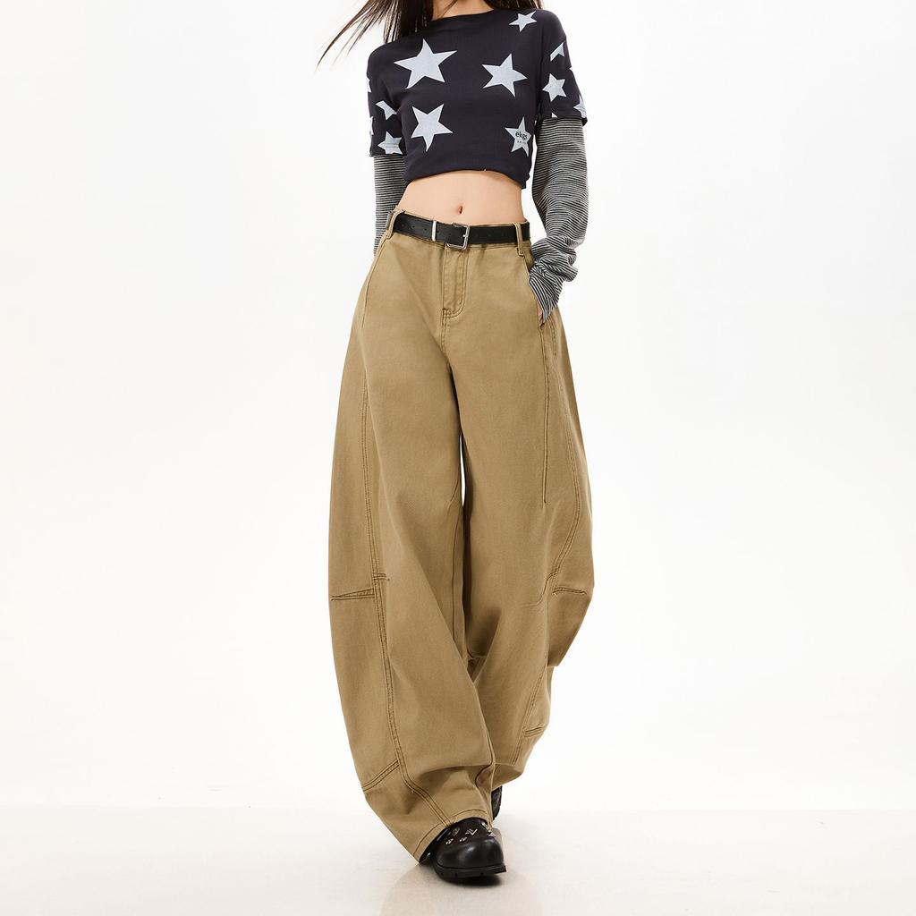 Spring Summer Heavy Faded Washed Camel Pure Cotton Patchwork Loose Saber Cut Trendy Denim Long Pants Ladies Casual Pants Oversize Denim Trousers