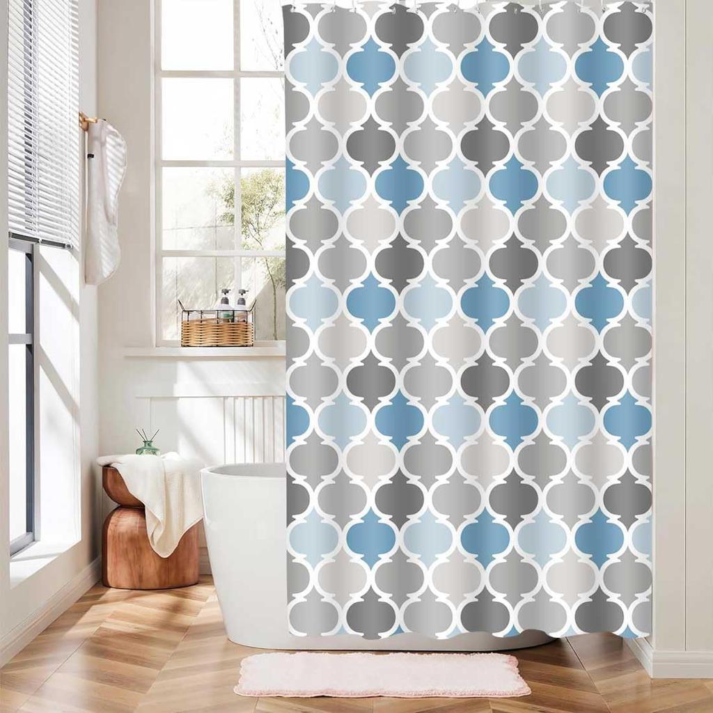 Blue and Grey Shower Curtain for Bathroom, Gray White Bohemian Chic Fabric Geometric Pattern Shower Curta for Men or Women, Teal and Grey Bohemian