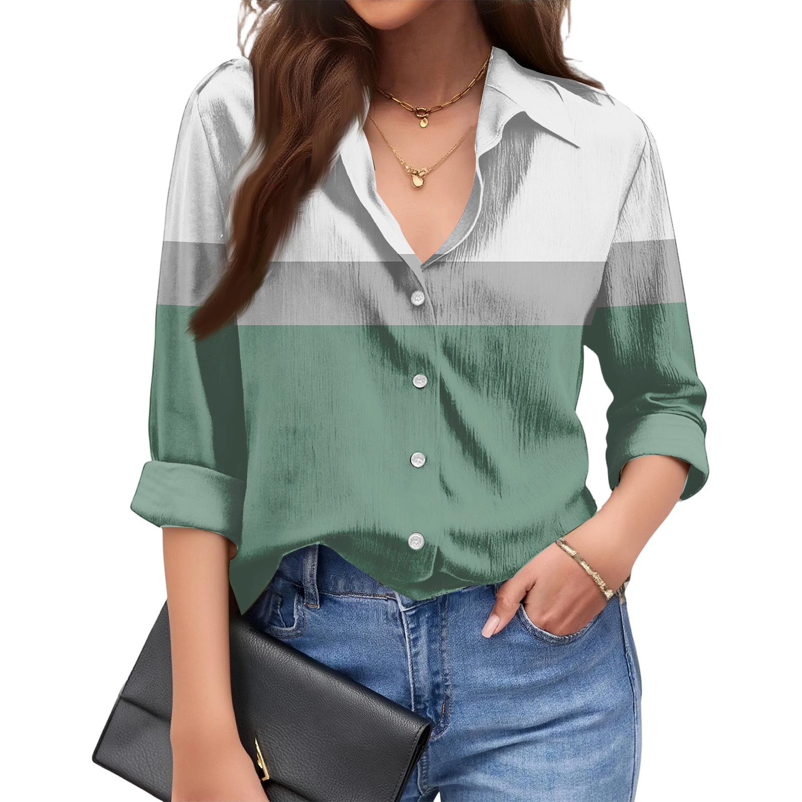 

Women s Fashionable Casual Loose Geometric Patchwork Print Long-sleeved Shirt M зелений