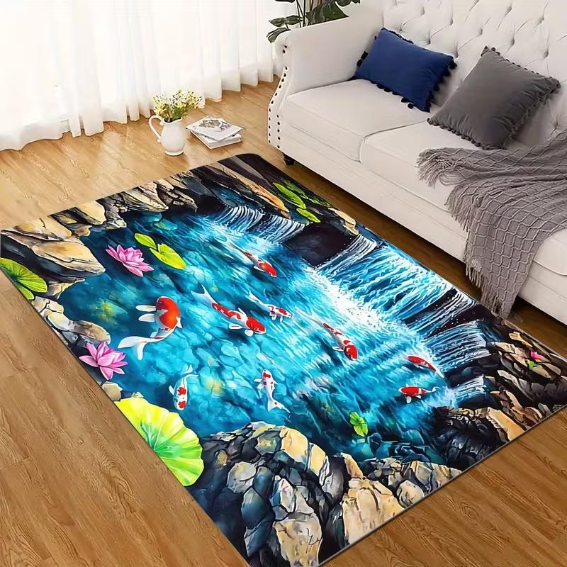 Fresh Pond Koi Print Large Mat - Machine Washable Outdoor Rug for Balcony Patio Backyard Easy Clean Floor Decor Fashionable