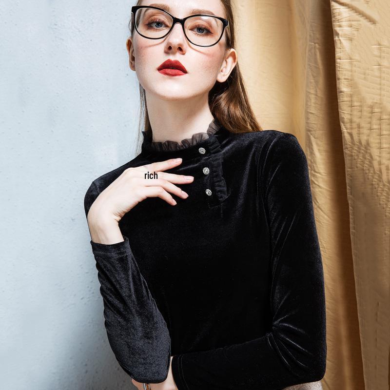 Sametová volánová blůza se stojáčkem - Dámská módní košile v evropském stylu na podzim/zimu