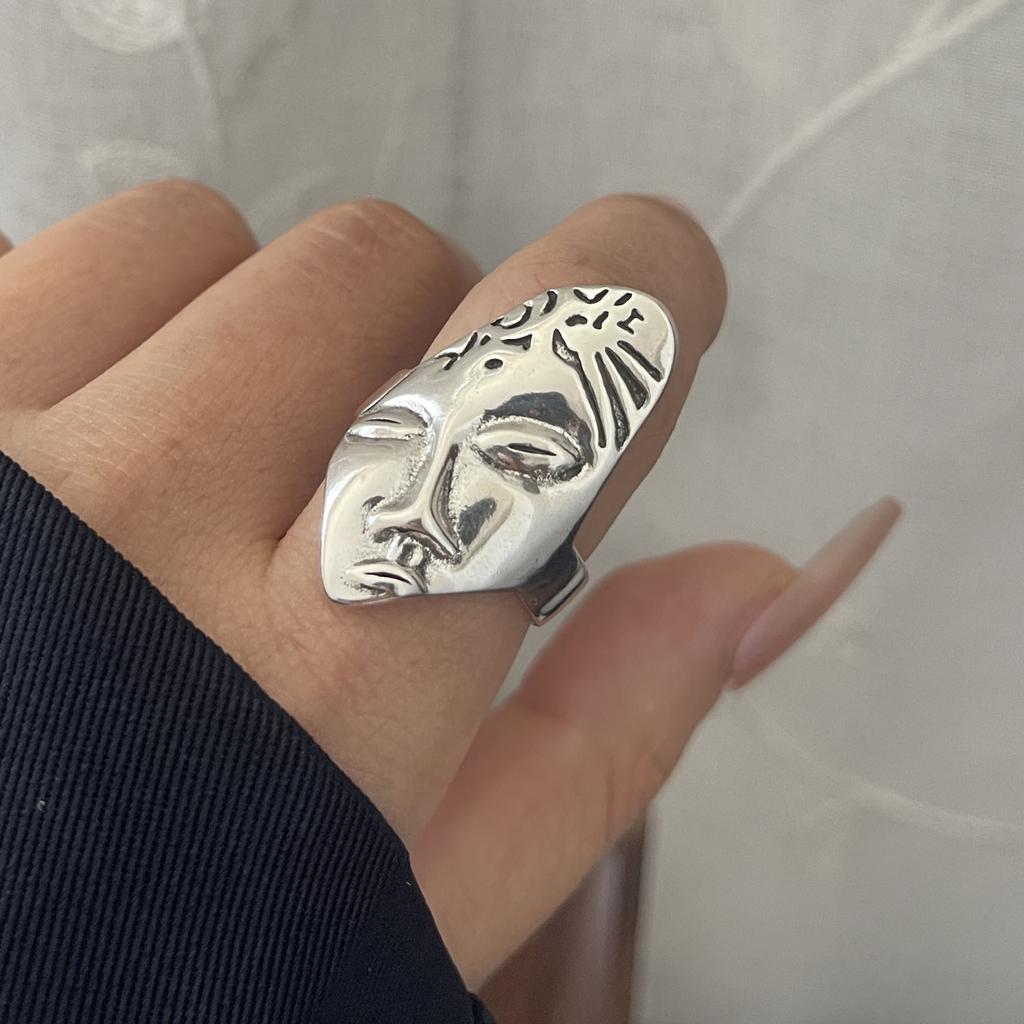 925 Sterling Silver Rings For Women Geometric Fine Jewelry Finger Adjustable Simple Retro Face Shap Ring For Party Birthday Gift
