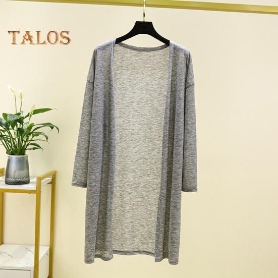 Women Casual Coat Collarless Long Sleeve Open Stitch Mid-length Cardigan Solid Color Thin Sun Protection Coat
